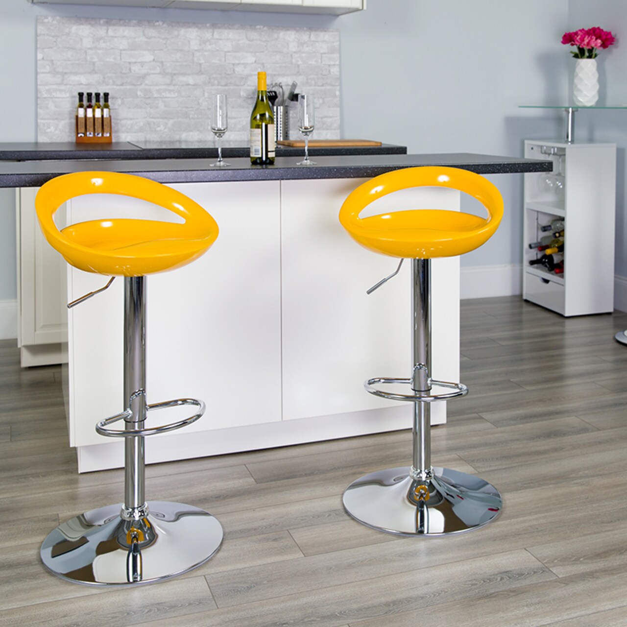 Flash Furniture Contemporary Yellow Plastic Adjustable Height Barstool with Rounded Cutout Back and Chrome Base